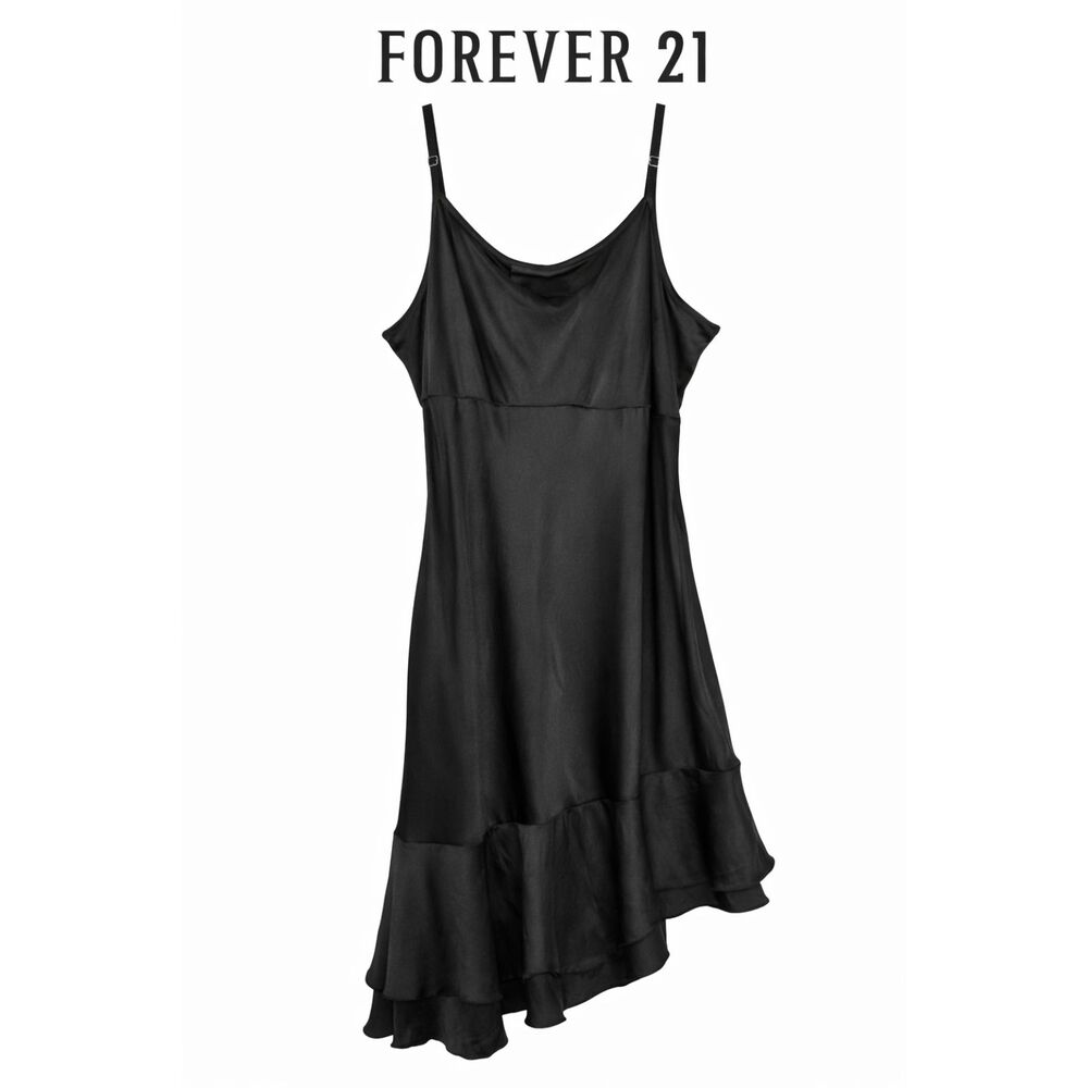 FOREVER 21 Y2K Black Satin Slip Dress Asymmetrical Hem Whimsygoth Romantic 2X
